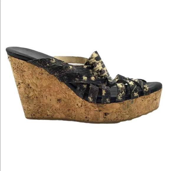Jimmy Choo Women’s Snakeskin Embossed Leather and Cork Slide Wedge Sandals - Picture 14 of 16